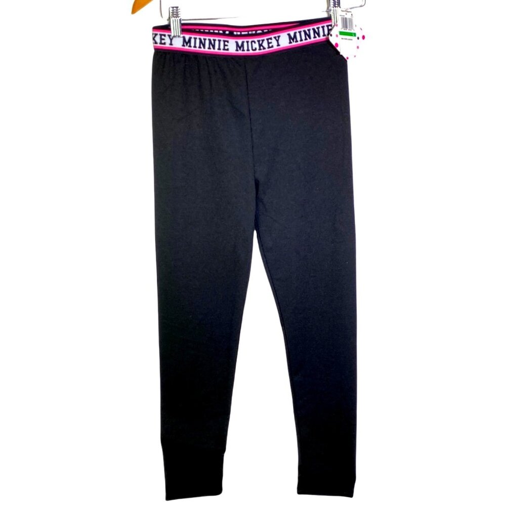 Disney Junior Mickey & Minnie Mouse Stripe Waist Band Black Leggings Stretch